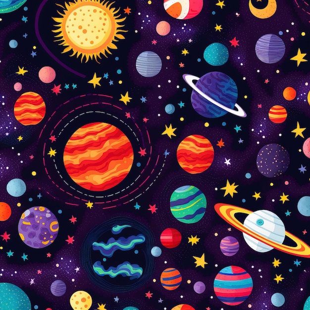 A colorful space wallpaper with planets and stars