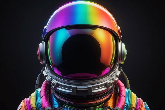 A colorful spaceman with a black background and a rainbow on his helmet