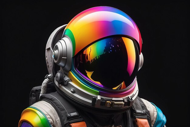 A colorful spaceman with a black background and a rainbow on his helmet