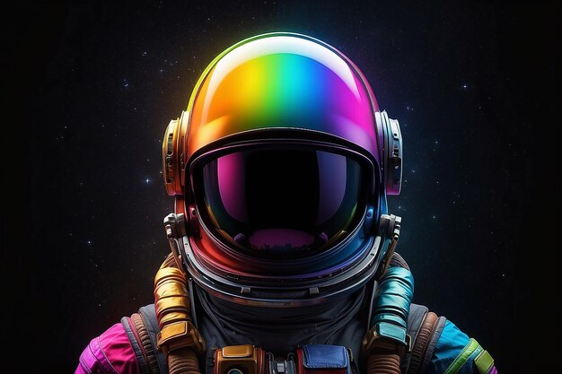 A colorful spaceman with a black background and a rainbow on his helmet