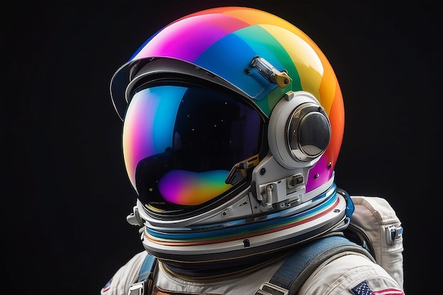 A colorful spaceman with a black background and a rainbow on his helmet