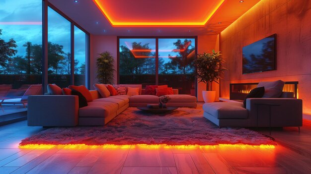 Photo colorful spacious living room with lots of neon lights and decorations