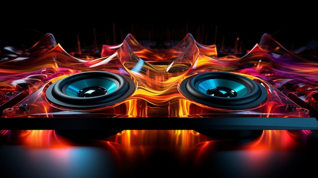 colorful speakers with fire on black background music concept