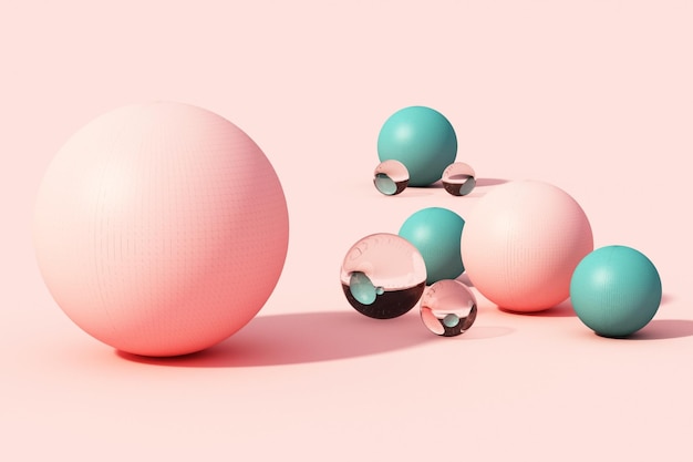분홍색 파스텔 배경 3D 렌더링에 다채로운 구체 공