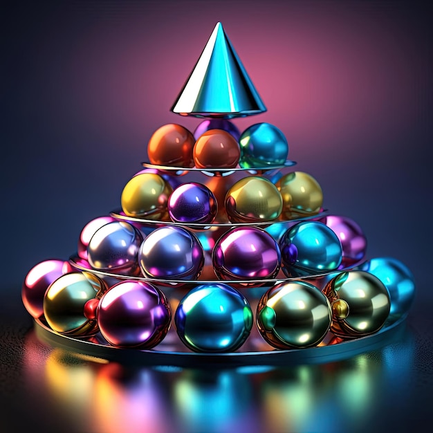 colorful spheres in pyramid 3d illustration photo in the style of metallic rotation