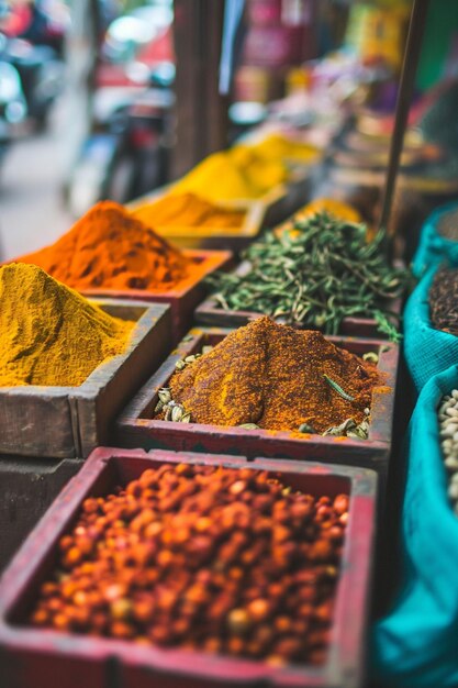 Colorful Spice boxes and Bags Illuminate a Cultural Culinary Journey through India Morocco Asia