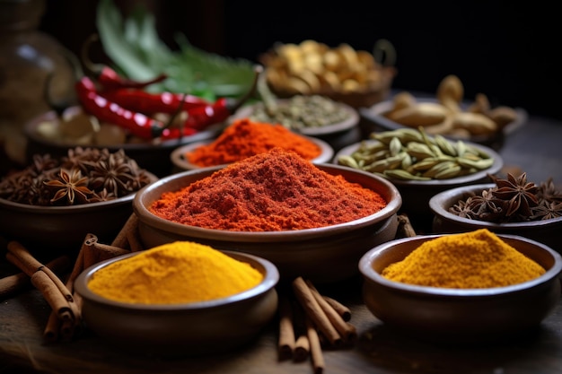 Colorful spices for gar masala Food ingredients for gar masala Indian spices mixed with powder