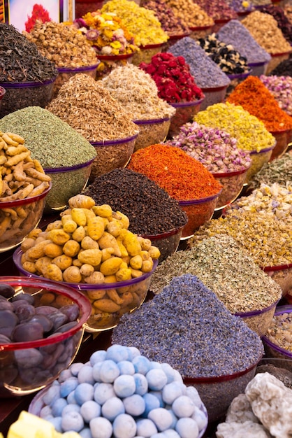 Colorful spices and herbs sold on traditional street market