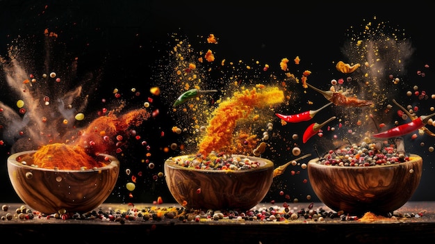 Colorful spices and peppers in wooden bowls flying over black background Spices and seasonings powder splash Freeze motion photo