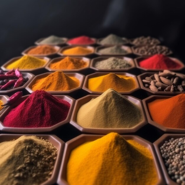 Colorful spices at a traditional market digital art illustration Generative AI