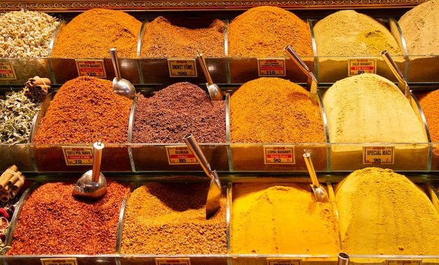 Colorful spices in the Turkish Grand Spice Bazaar in Istanbul Turkey