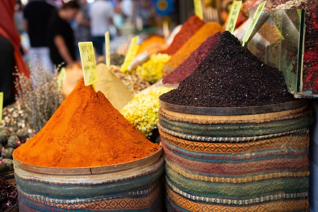 Colorful spices in the Turkish Grand Spice Bazaar in Istanbul Turkey