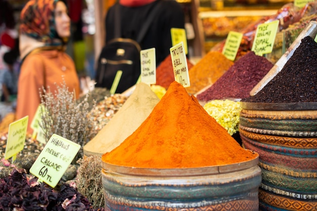 Colorful spices in the Turkish Grand Spice Bazaar in Istanbul Turkey