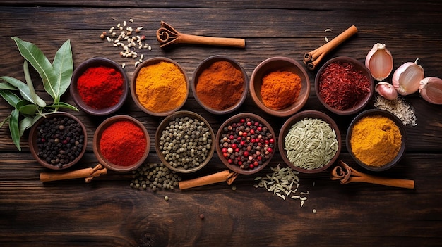 Colorful spices on wooden table