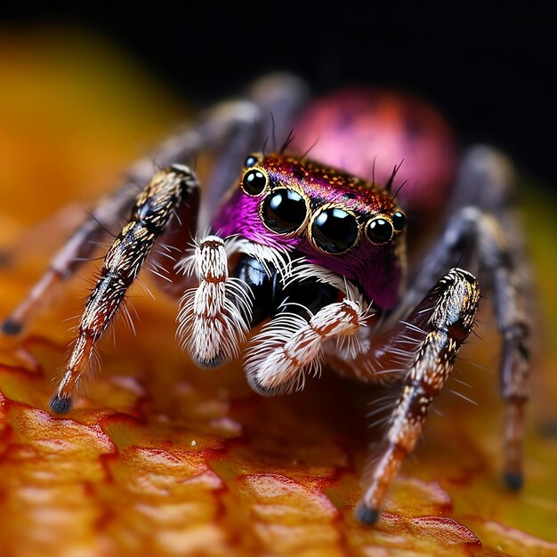 A colorful spider with black eyes and black and purple on its face