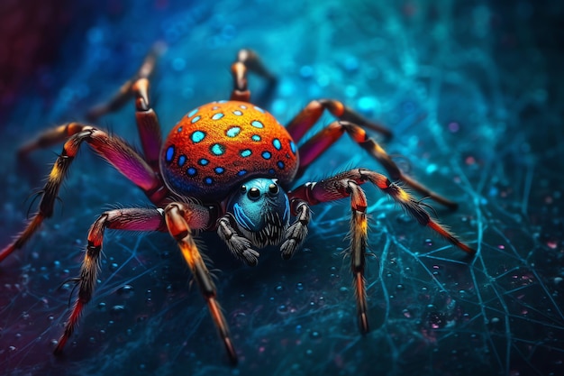 A colorful spider with blue spots on its face