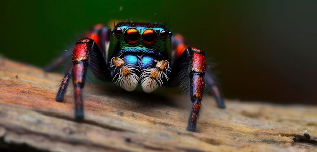 A colorful spider with the green eyes is sitting on a branch.