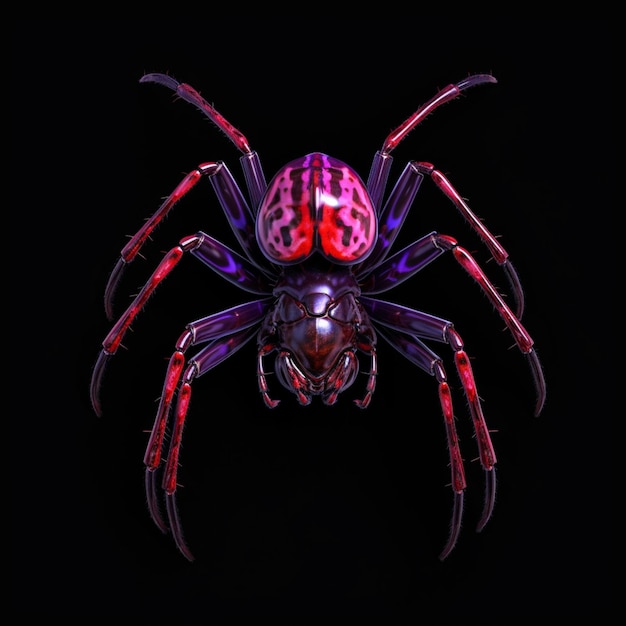 A colorful spider with a red head and legs is shown on a black background.