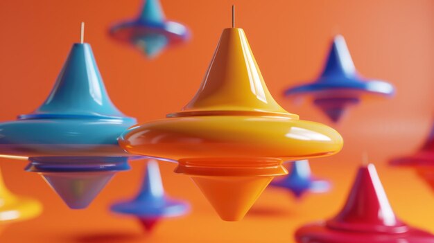 Colorful spinning tops in a dreamlike setting 3D style isolated flying objects memphis style 3D render AI generated illustration