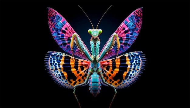 Цветная колючая цветочная мантия с крыльями на черном фоне