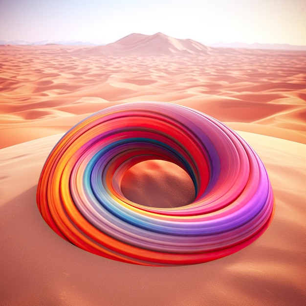 A colorful spiral shaped object in the desert.