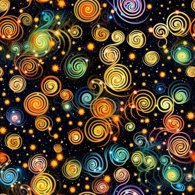 Colorful spirals on a black background. seamless pattern.