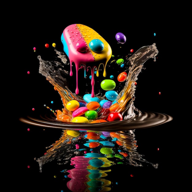 A colorful splash of candy is in the air and the water is made by the word love.