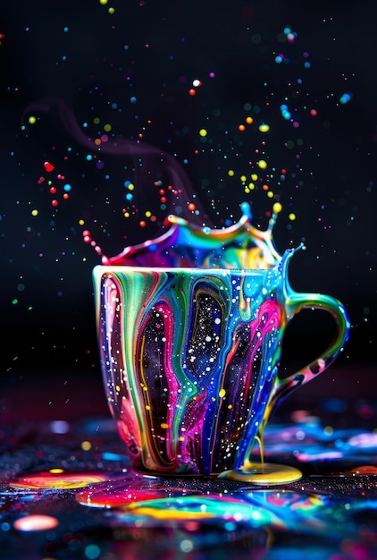 暗い背景の鮮やかな塗装されたカップから色鮮やかなスプラッシュ