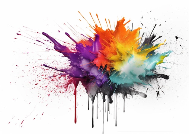 A colorful splash of paint is in front of a white background.