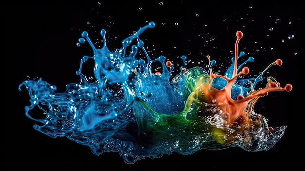 A colorful splash of water is being poured into a black background.