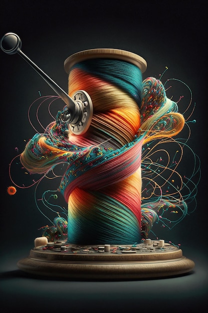 A colorful spool of thread is shown with a spool of thread.