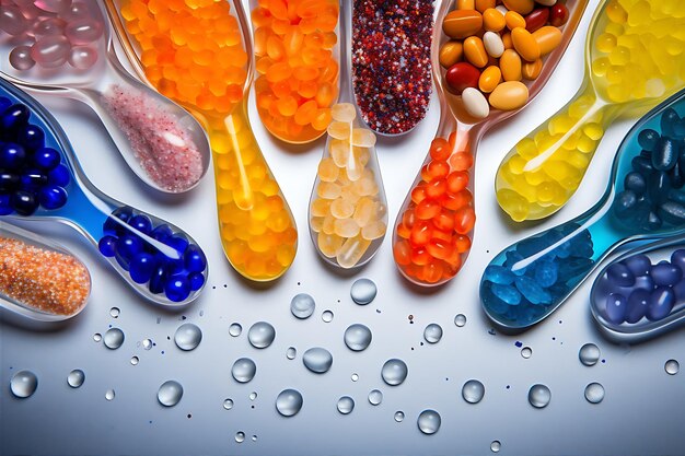 Photo colorful spoons filled different pills