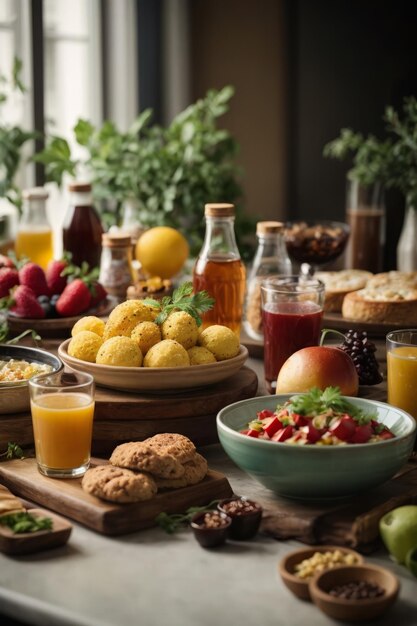 A colorful spread of food and beverages on a table