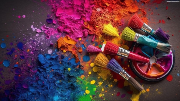 A colorful spread of paint and brushes with a colorful background.