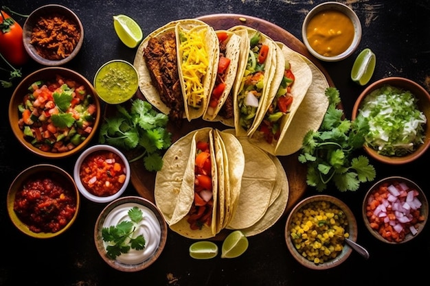 Colorful spread of traditional mexican cuisine with tacos and salsas