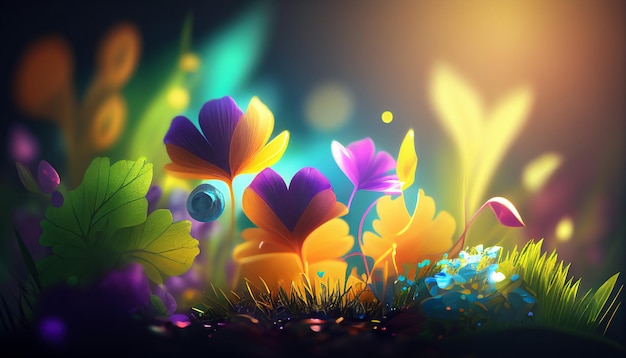 Colorful Spring background with bokeh 3d rendering Generative AI