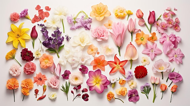 Colorful spring flowers flatlay