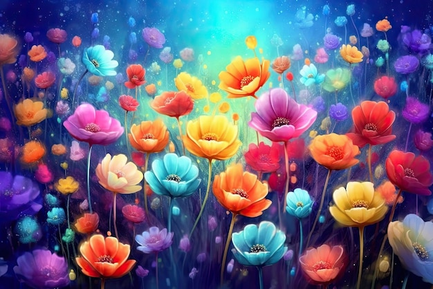 Photo colorful spring flowers whimsical wall mockup generative ai