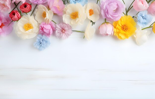 Photo colorful spring flowers on white wooden table for greeting holid