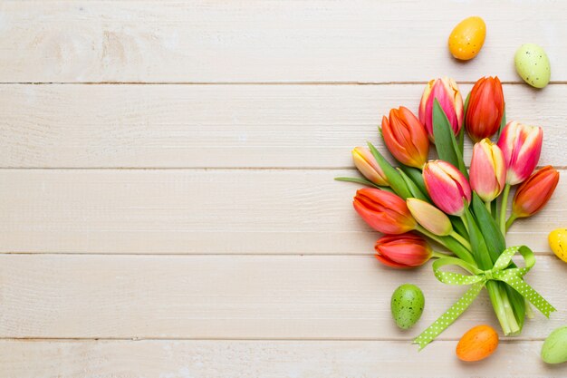 A colorful spring greetings card with tulips for Easter