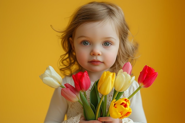 カラフルな春の喜びの少女とチューリップの花束