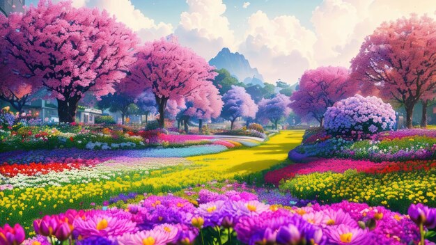 A colorful spring landscape with a field of flowers and a colorful landscape.