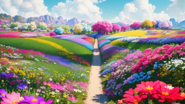 A colorful spring landscape with a path leading to a flower garden