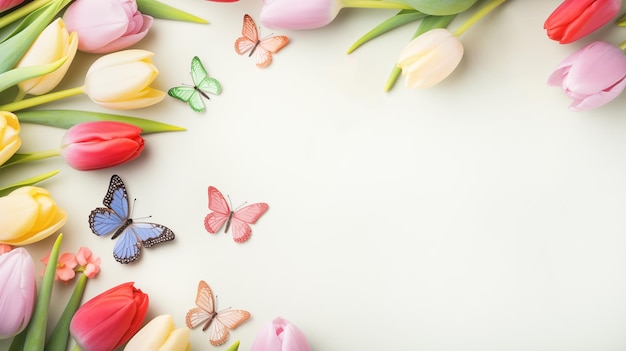 色とりどりの春のチューリップと蝶が平らに横たわっている