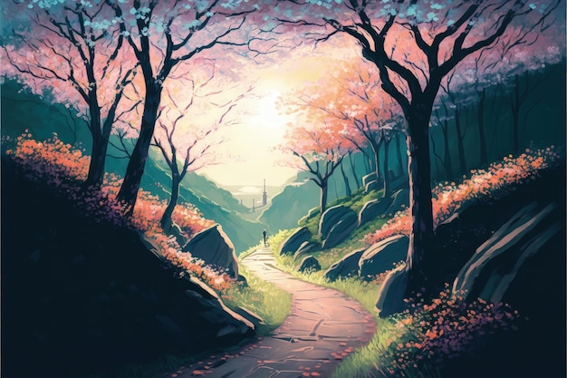 Colorful springtime forest landscape with blooming trees and flowers at sunset Fantasy concept Illustration painting Generative AI