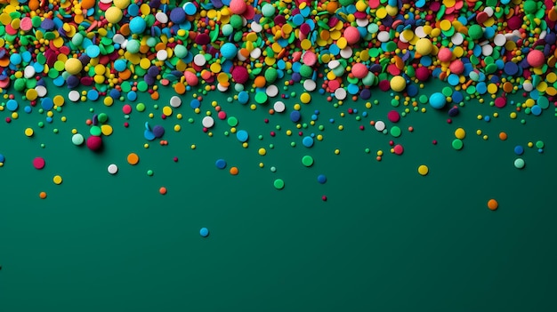 colorful sprinkles on bottom of green background with space for text