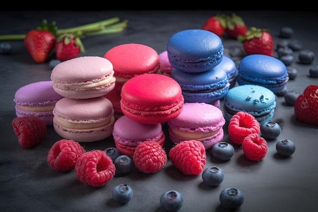 Colorful stack of macaroons and fresh berries summer cafe tasty cakes