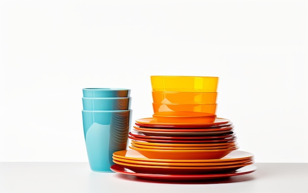 Foto una colorata pila di piatti e tazze sul tavolo