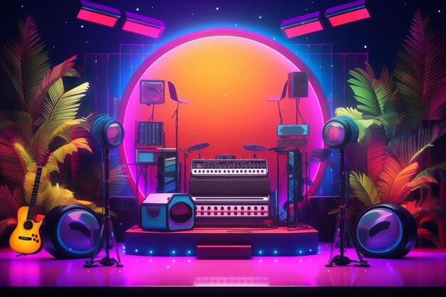 A colorful stage with a circle of music on it