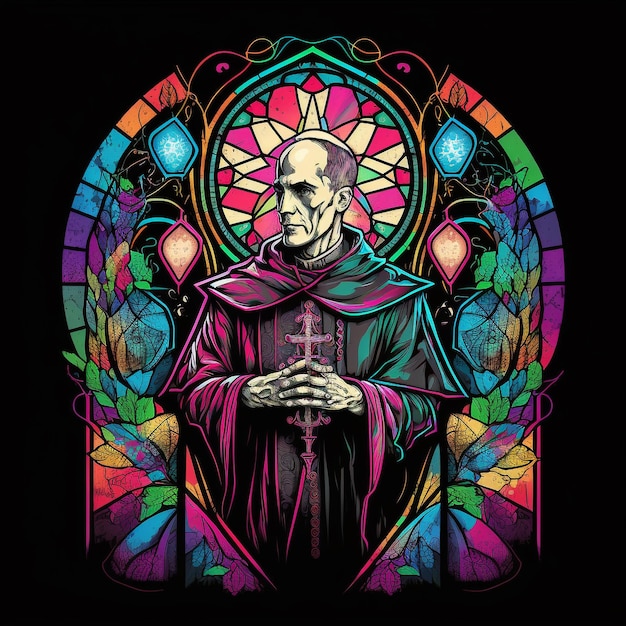 A colorful stained glass image of a monk with the name " the devil " on the front.